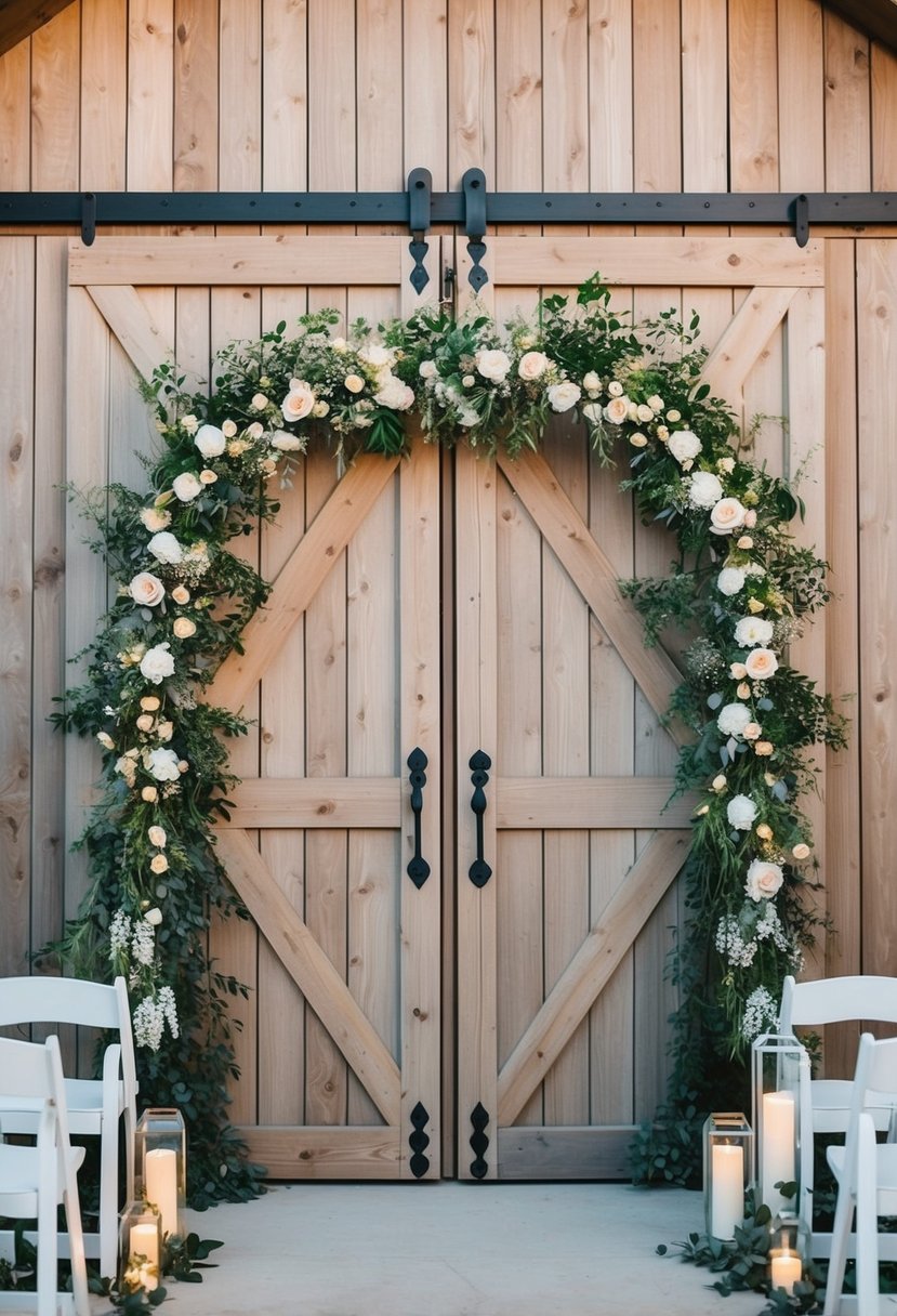 Rustic barn doors adorned with floral garlands and twinkling lights create a charming wedding entrance