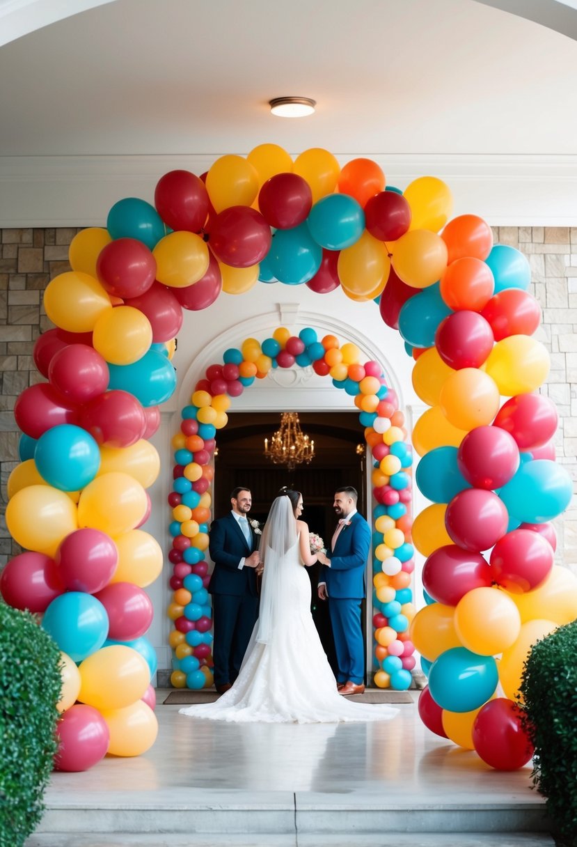 A grand arch of colorful balloons frames the entrance, creating a whimsical and festive atmosphere for a wedding celebration