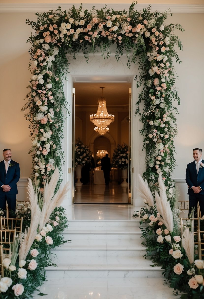 A cascading floral installation adorns a grand wedding entrance