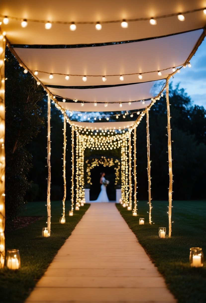 A winding pathway lined with twinkling fairy lights leading to a wedding entrance