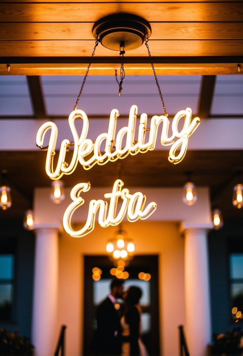 A glowing neon sign in a cursive font hangs above a wedding entrance, casting a warm and inviting glow on the surrounding area