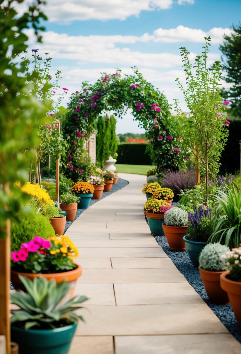 A winding garden path lined with vibrant potted plants leads to a romantic wedding entrance