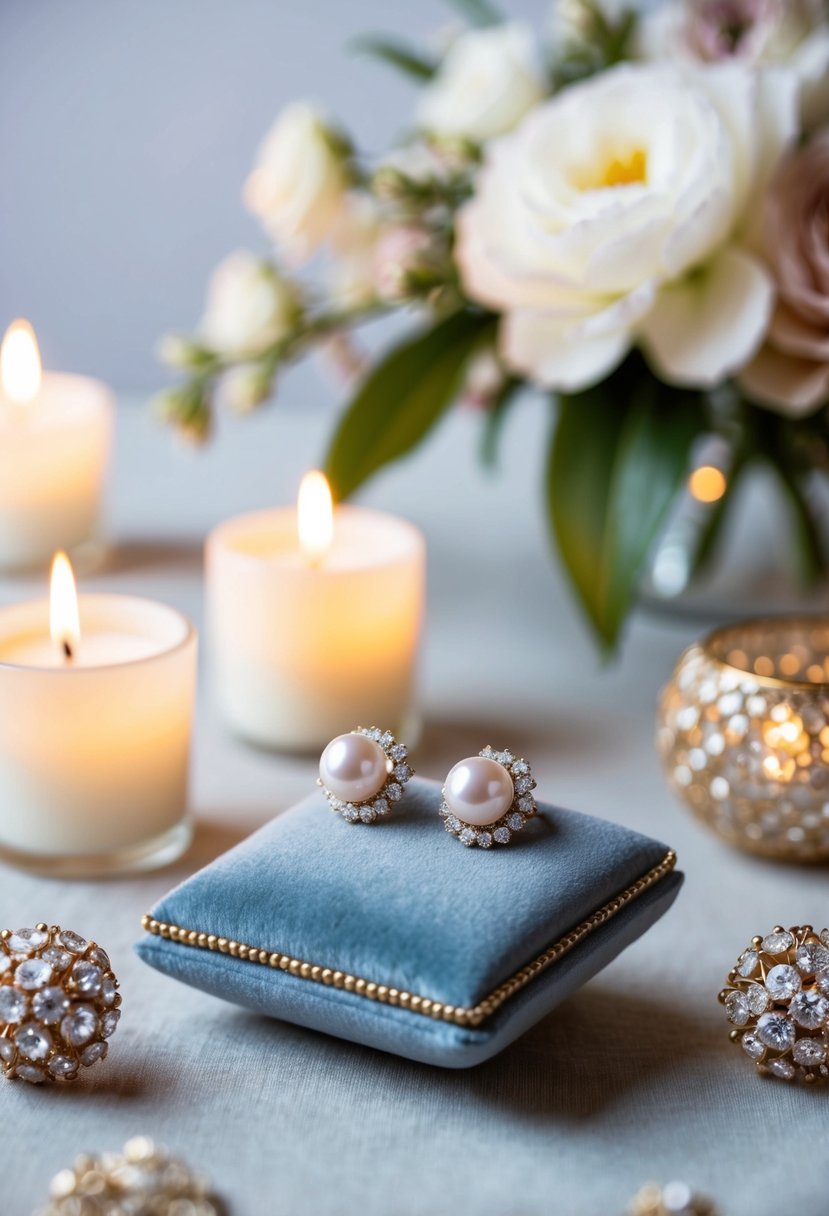 A delicate pair of pearl and diamond earrings displayed on a velvet cushion, surrounded by soft candlelight and floral arrangements