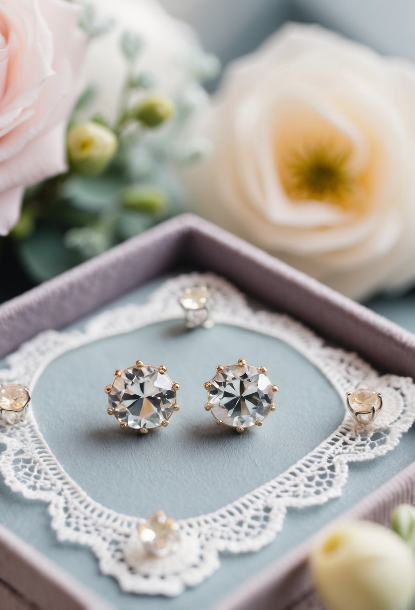 A close-up of Kendra Scott Grayson Crystal Stud Earrings on a velvet display, surrounded by delicate lace and floral accents