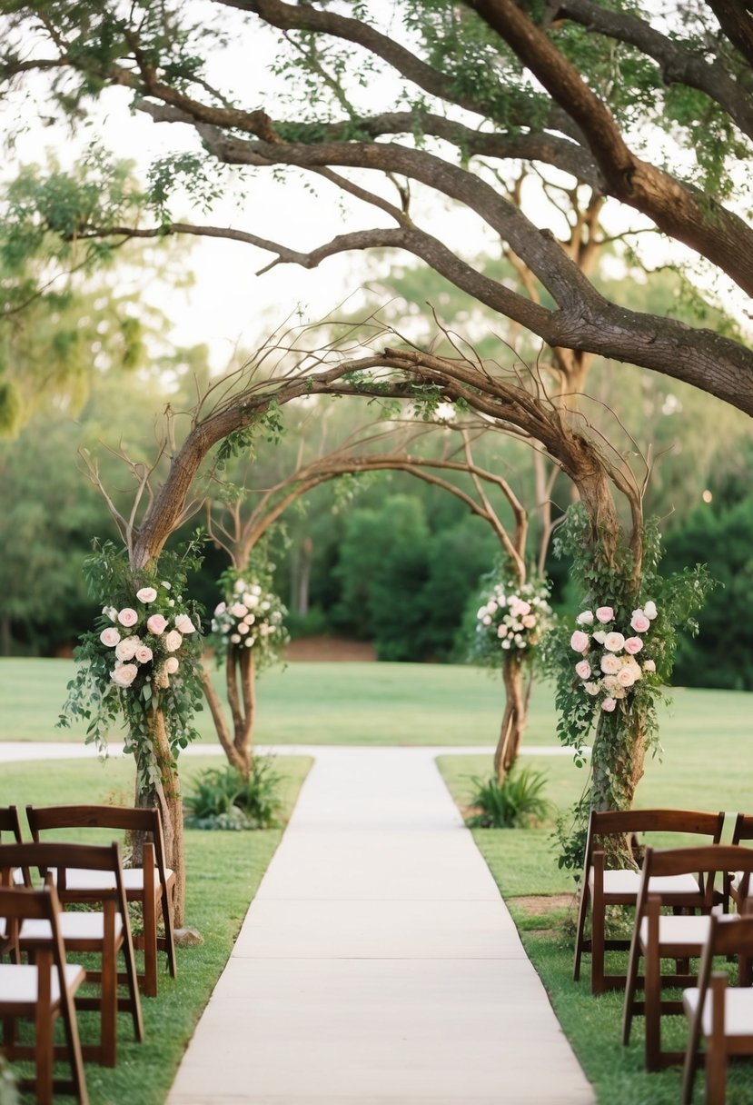 A rustic wedding entrance with tree branch arches adorned with flowers and greenery