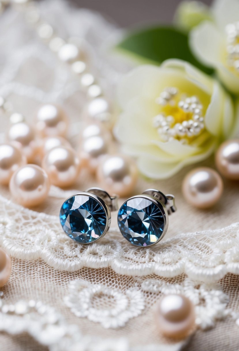 A sparkling pair of Swarovski crystal studs resting on a delicate lace fabric, surrounded by shimmering pearls and soft floral accents