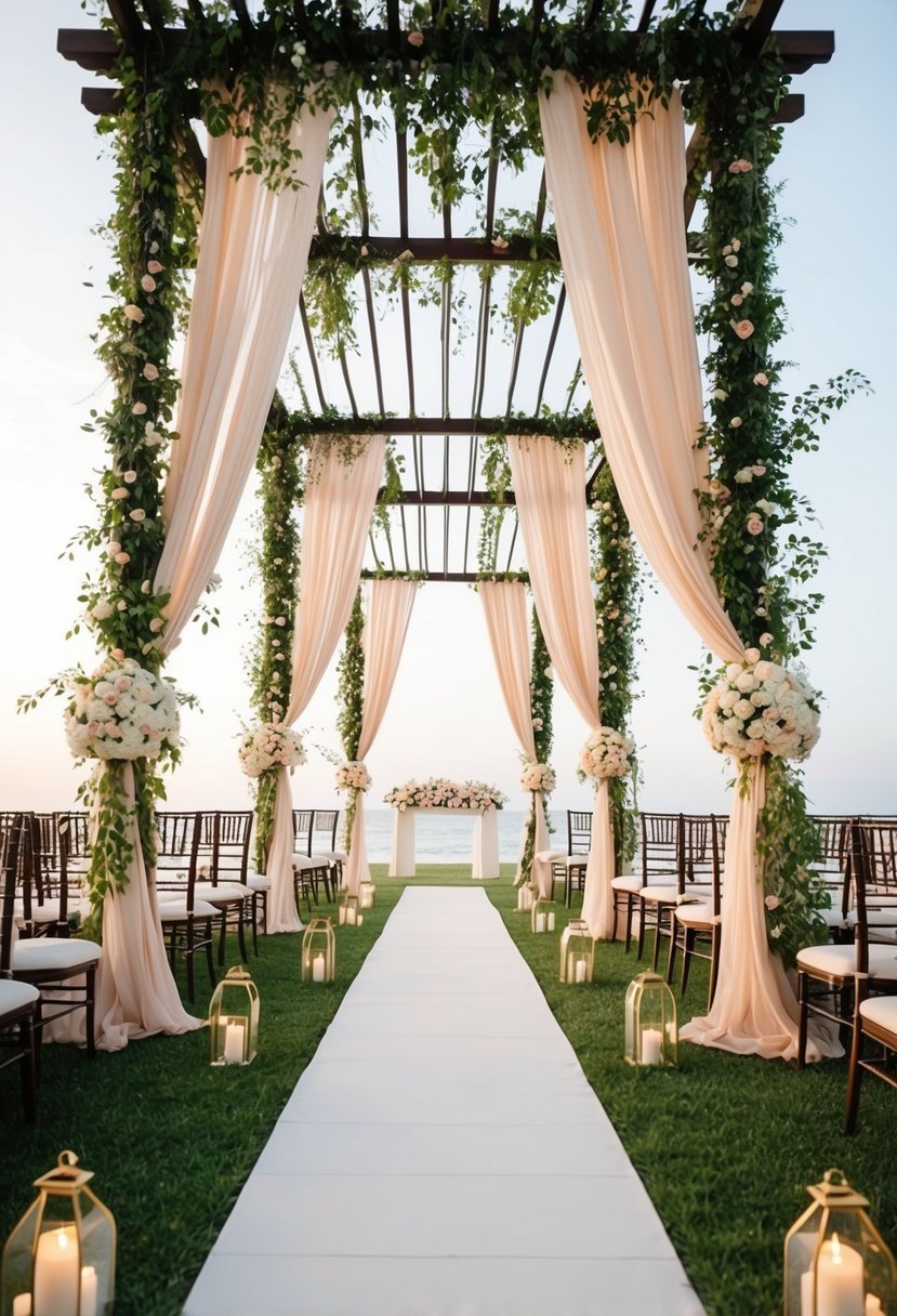 A lush open-air canopy adorned with flowing drapes and delicate floral accents creates a romantic and elegant wedding entrance