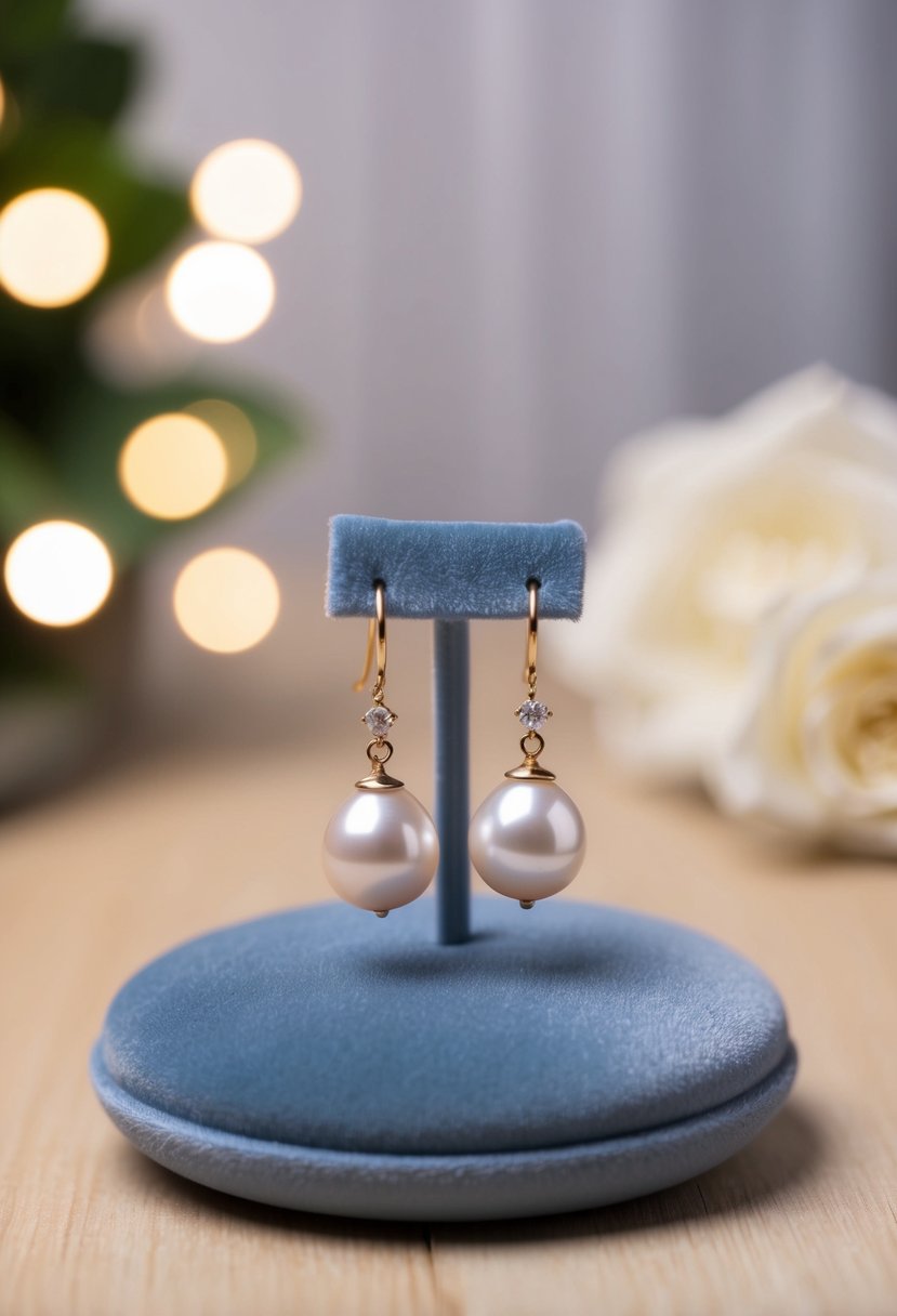 A delicate pair of pearl drop earrings displayed on a velvet cushion, surrounded by soft, romantic lighting