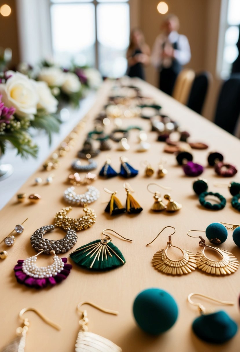 A table adorned with elegant, handmade earrings in various designs, colors, and materials, ready to be chosen as maid of honor wedding accessories