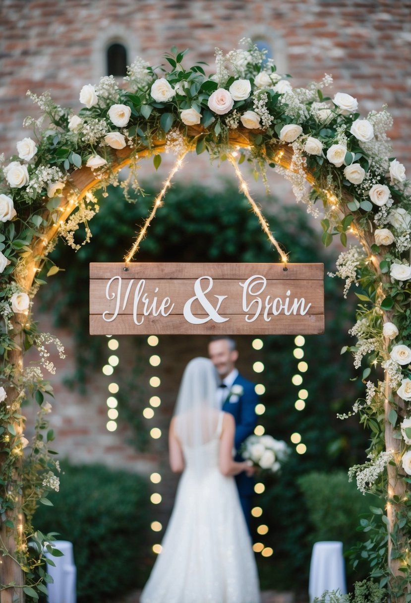 A rustic wooden sign hanging from a blooming archway, adorned with the couple's initials and surrounded by delicate fairy lights