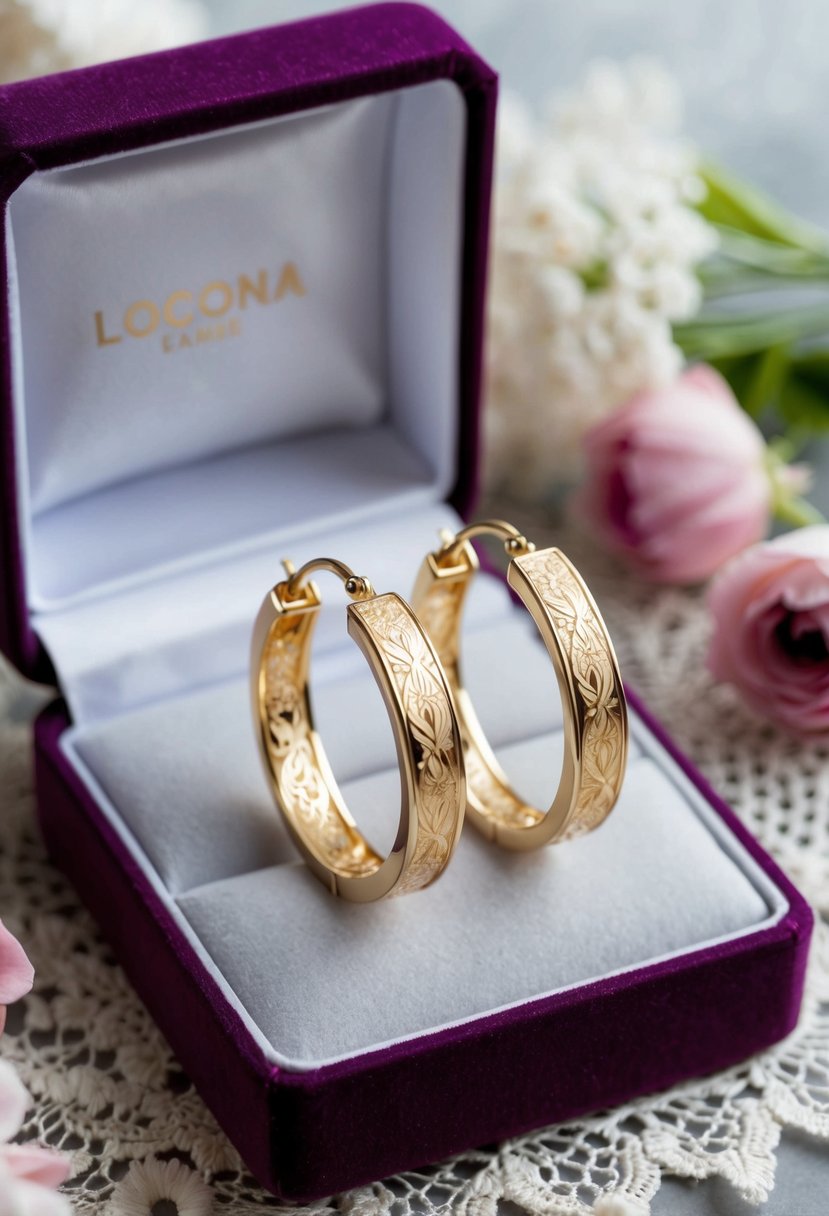 A pair of custom engraved hoop earrings displayed on a velvet-lined jewelry box, surrounded by delicate lace and floral accents