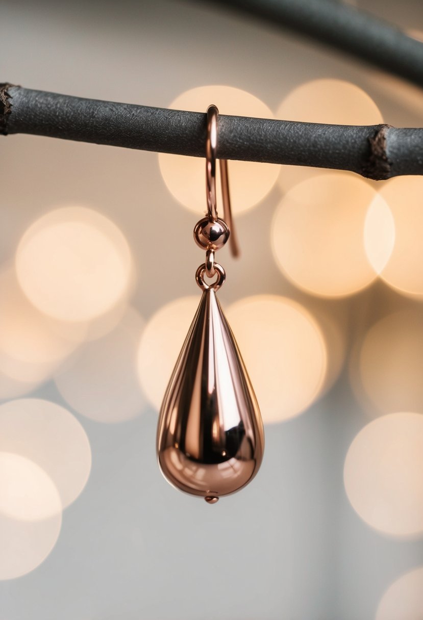 A delicate teardrop-shaped rose gold earring suspended from a small hook, catching the light and shimmering with elegance