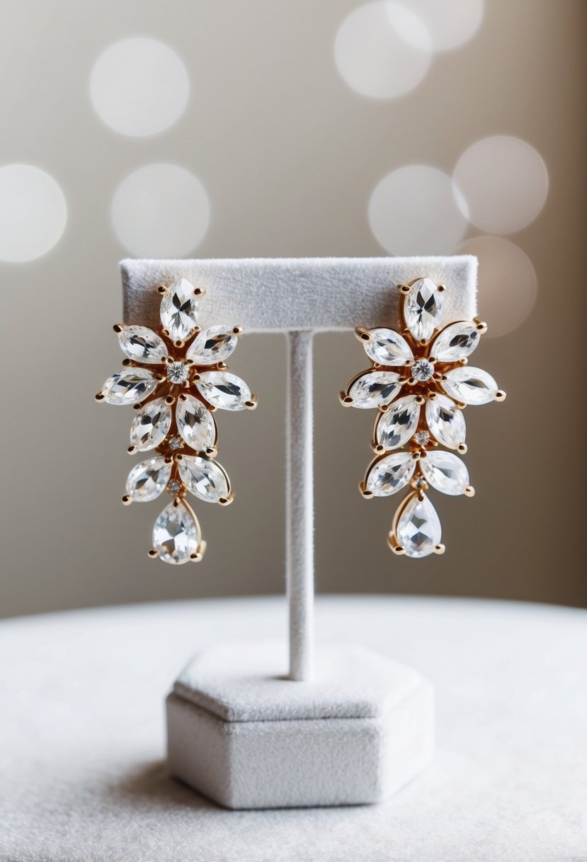 A pair of delicate floral crystal cluster earrings displayed on a white velvet jewelry stand