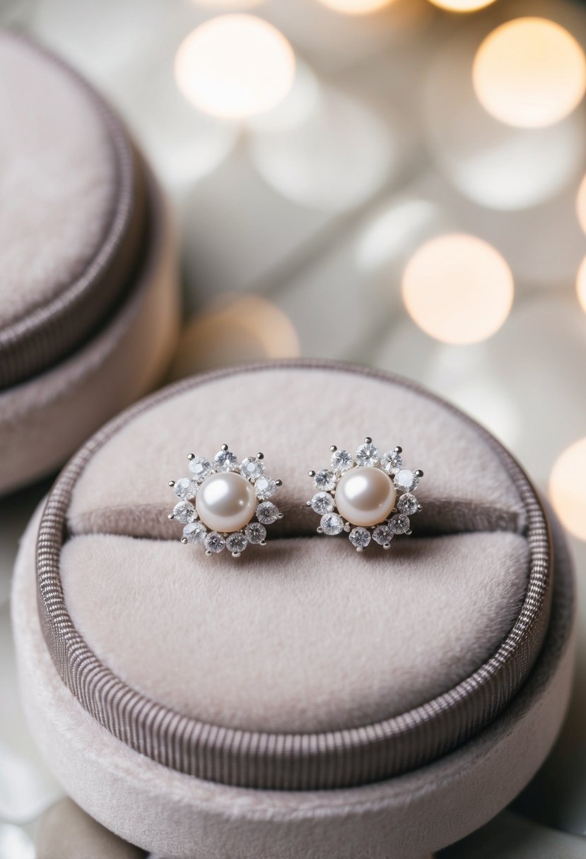 A pair of elegant pearl and diamond studs displayed on a velvet cushion with soft lighting