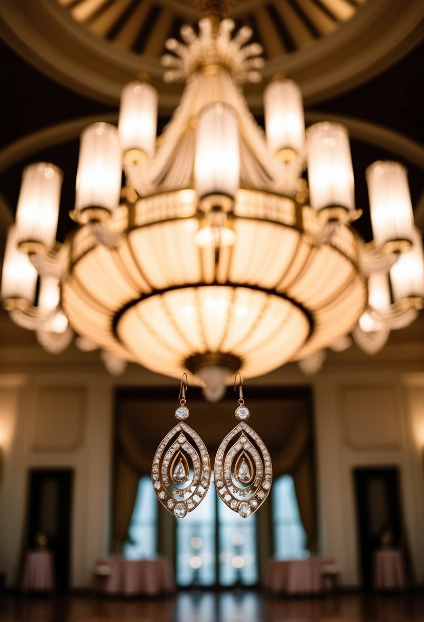 A grand ballroom with ornate Art Deco chandeliers casting a warm glow, showcasing vintage-style earrings fit for a maid of honour at a wedding