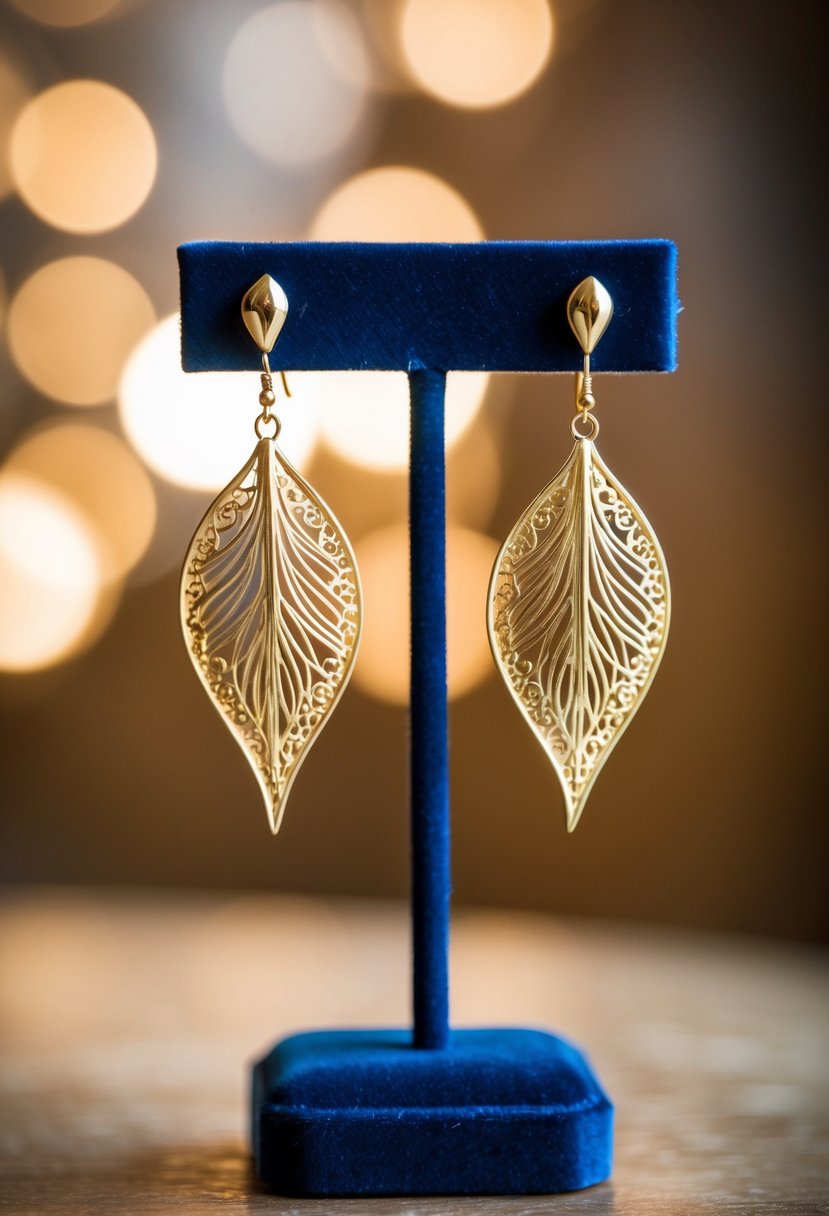 Two delicate gold filigree leaf earrings displayed on a velvet jewelry stand