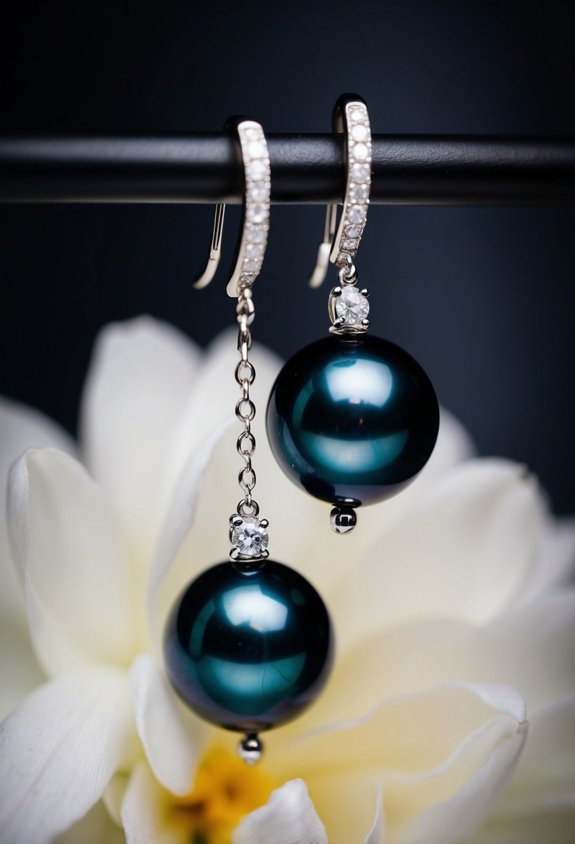 A black pearl earring dangles against a dark background, evoking elegance and mystery for a black bride's wedding ensemble