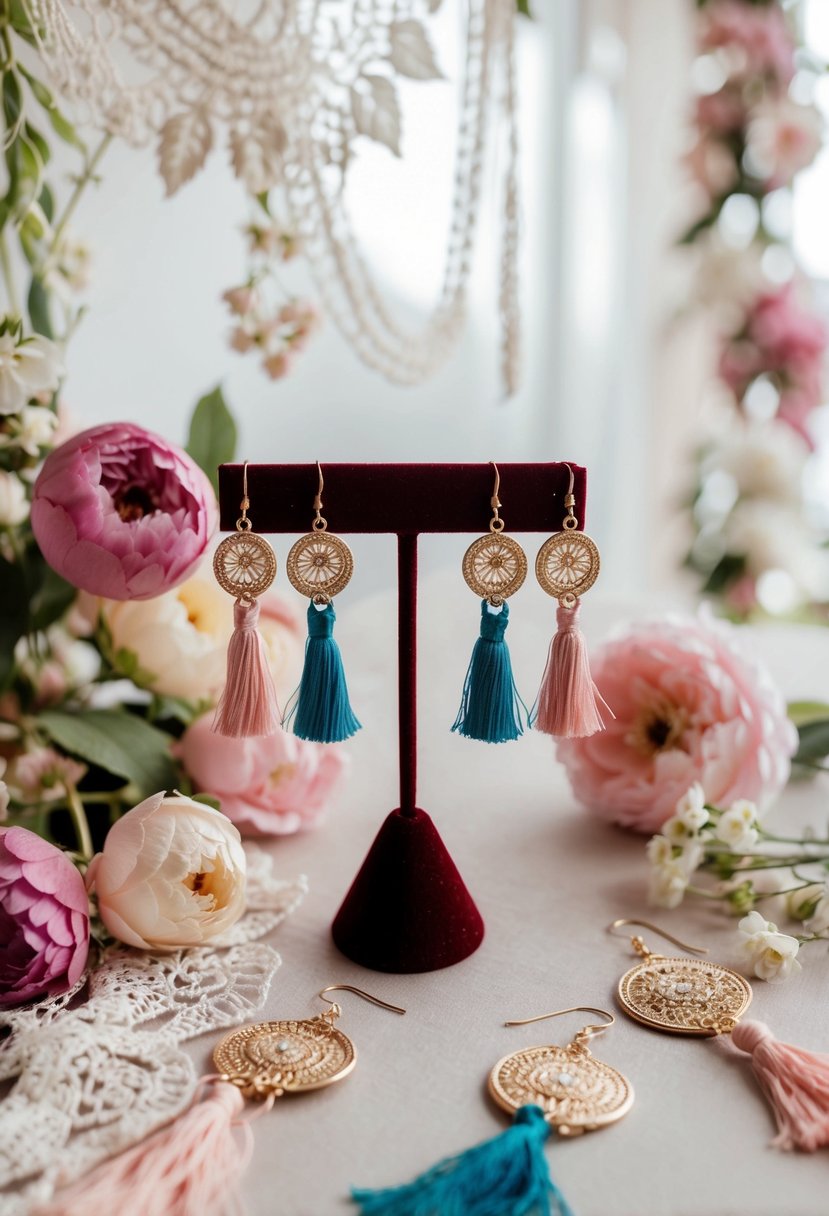 A table with various bohemian tassel earrings displayed on a velvet jewelry stand, surrounded by delicate lace and floral accents