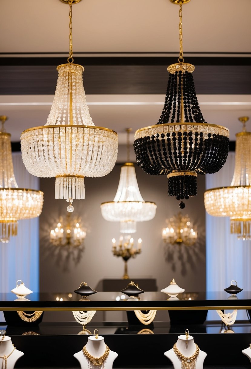 Elegant gold and onyx chandeliers hang above a display of black bride wedding earring ideas