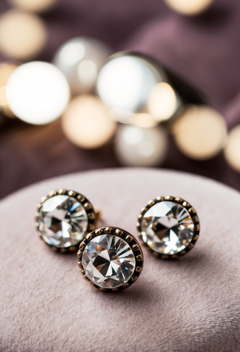 A close-up of vintage crystal studs on a velvet background, with soft lighting to highlight the intricate details