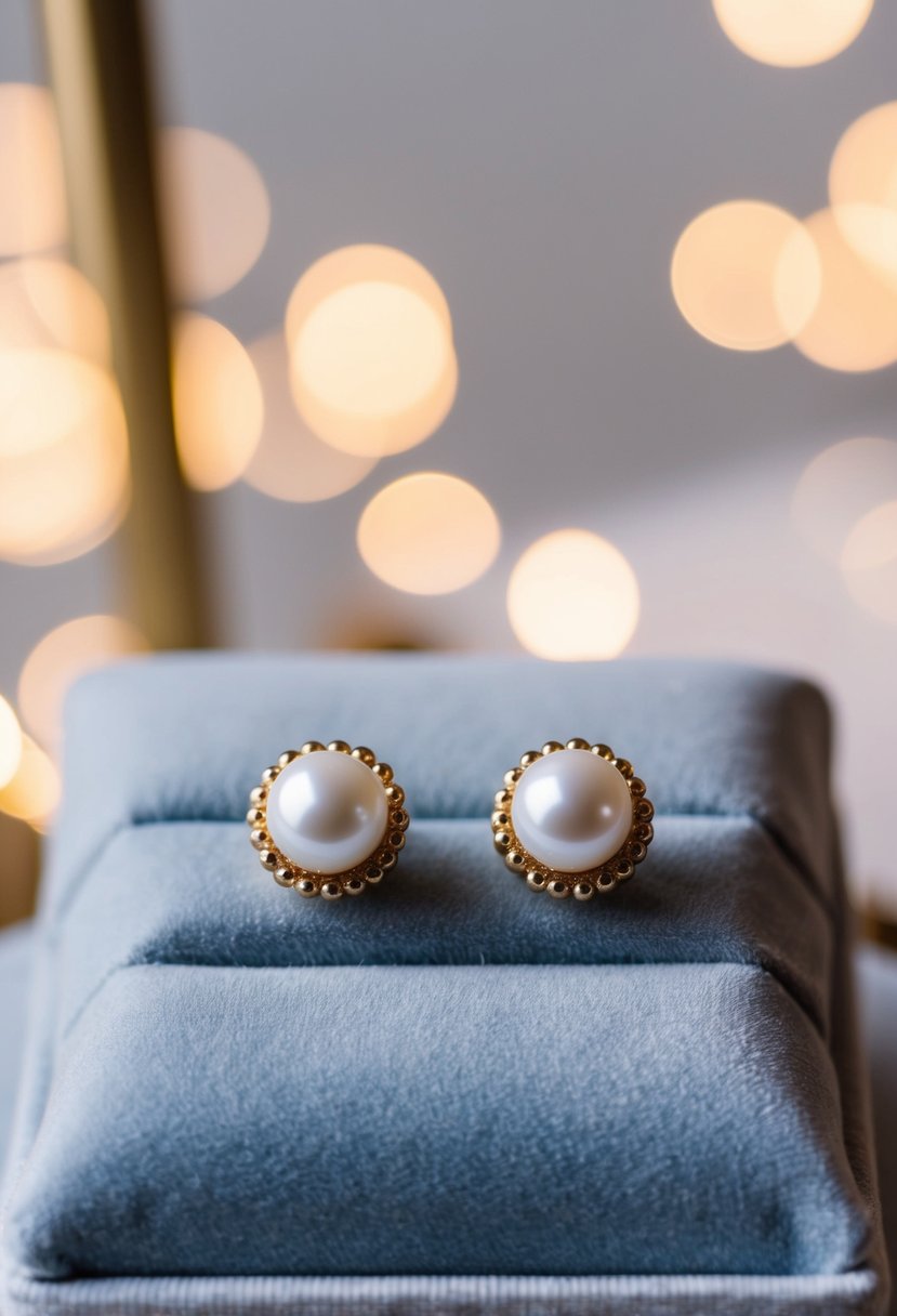 A close-up of personalized pearl stud earrings displayed on a velvet cushion, with soft lighting to highlight their delicate beauty