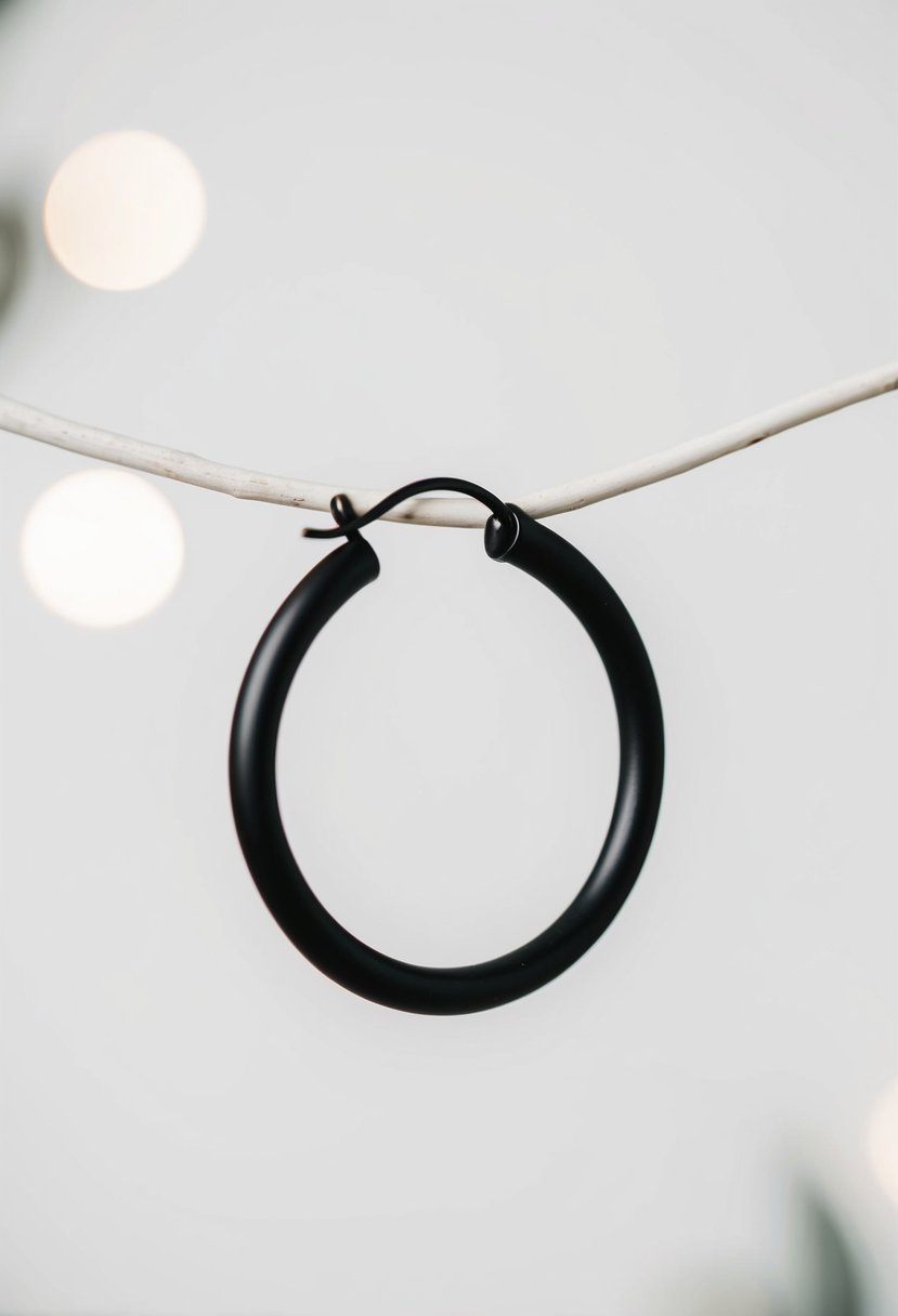 A single minimalist black hoop earring against a clean white background