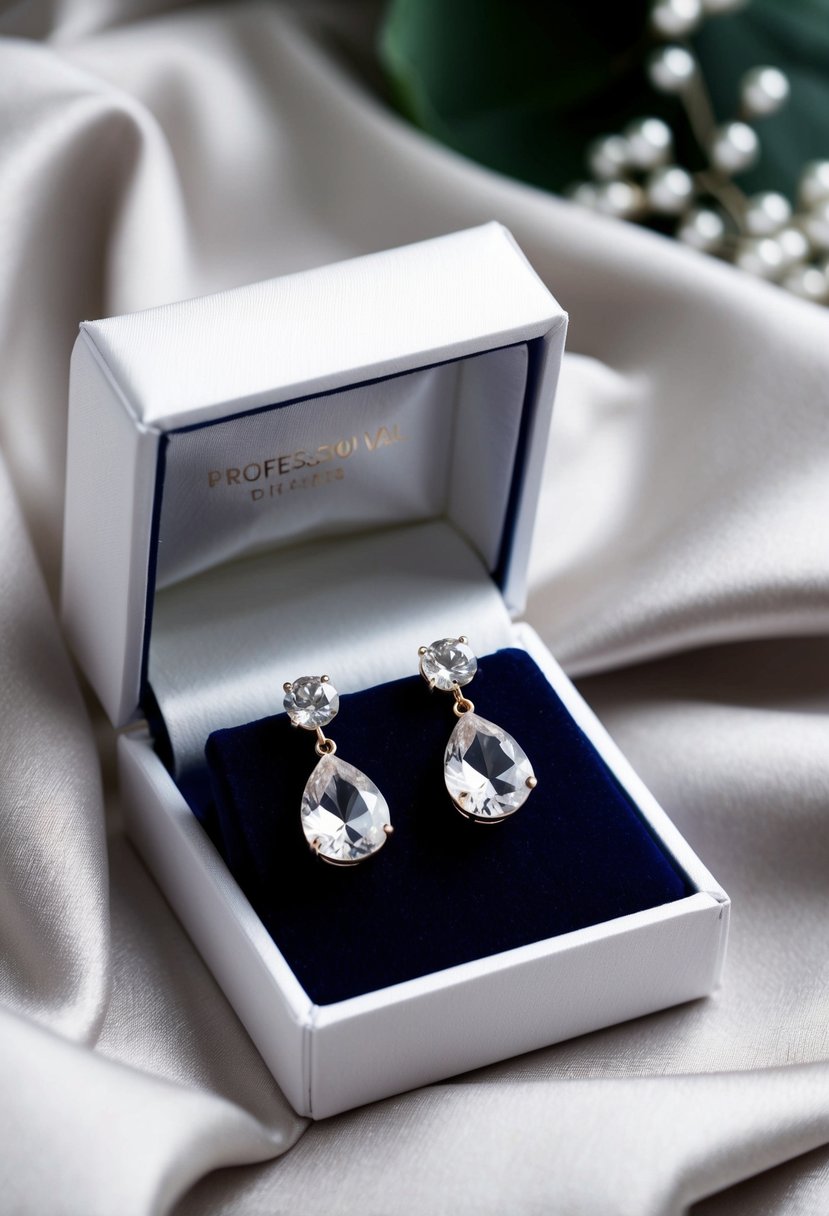 A white satin jewelry box open, revealing crystal and pearl drop earrings nestled on a velvet cushion