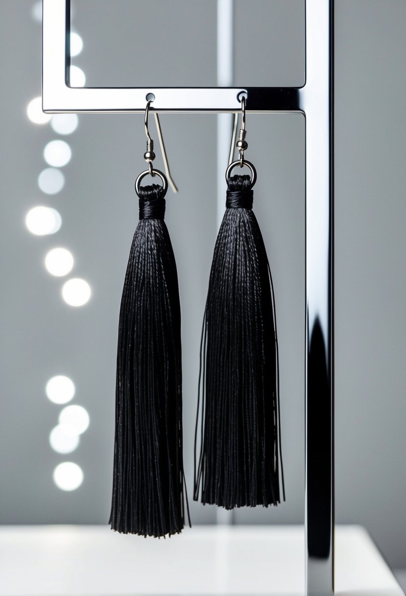 A sleek black tassel earring dangles from a minimalist display, casting a striking silhouette against a stark background