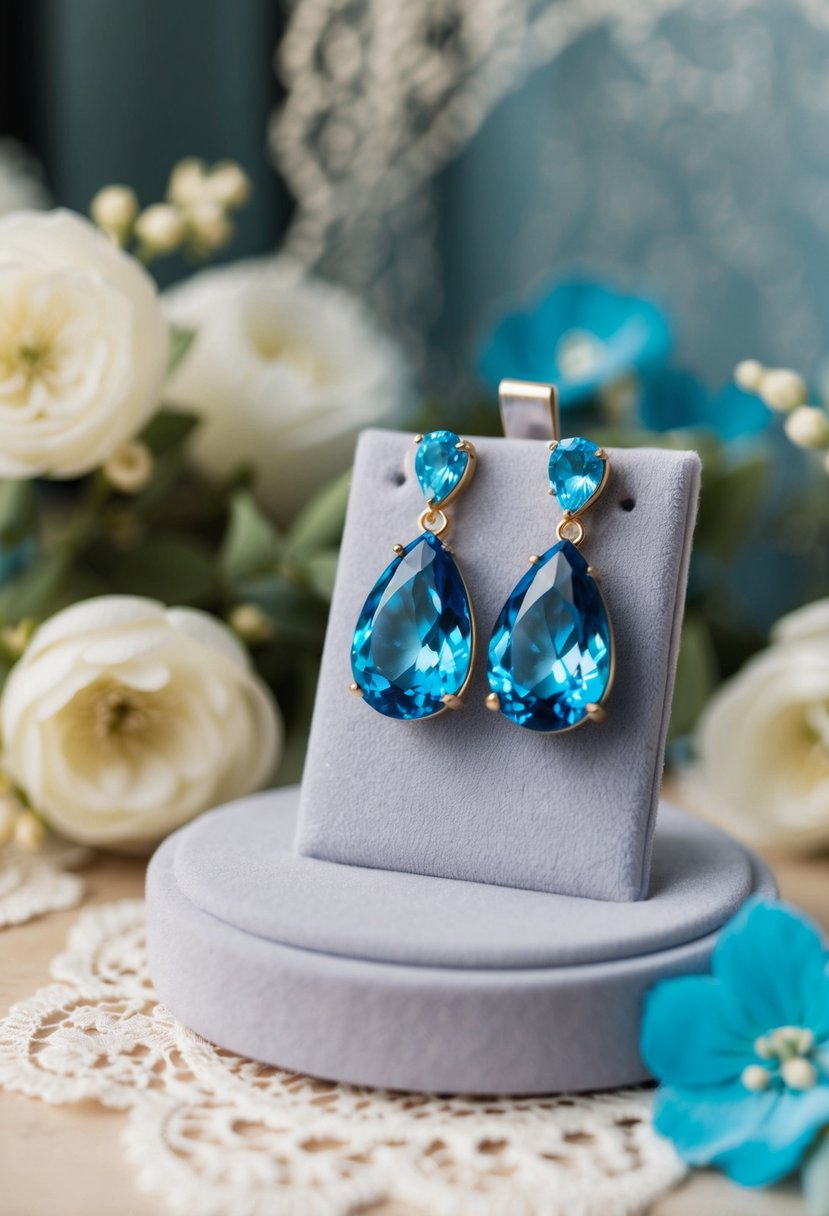 A close-up of elegant blue topaz teardrop earrings on a velvet display, surrounded by delicate lace and floral accents