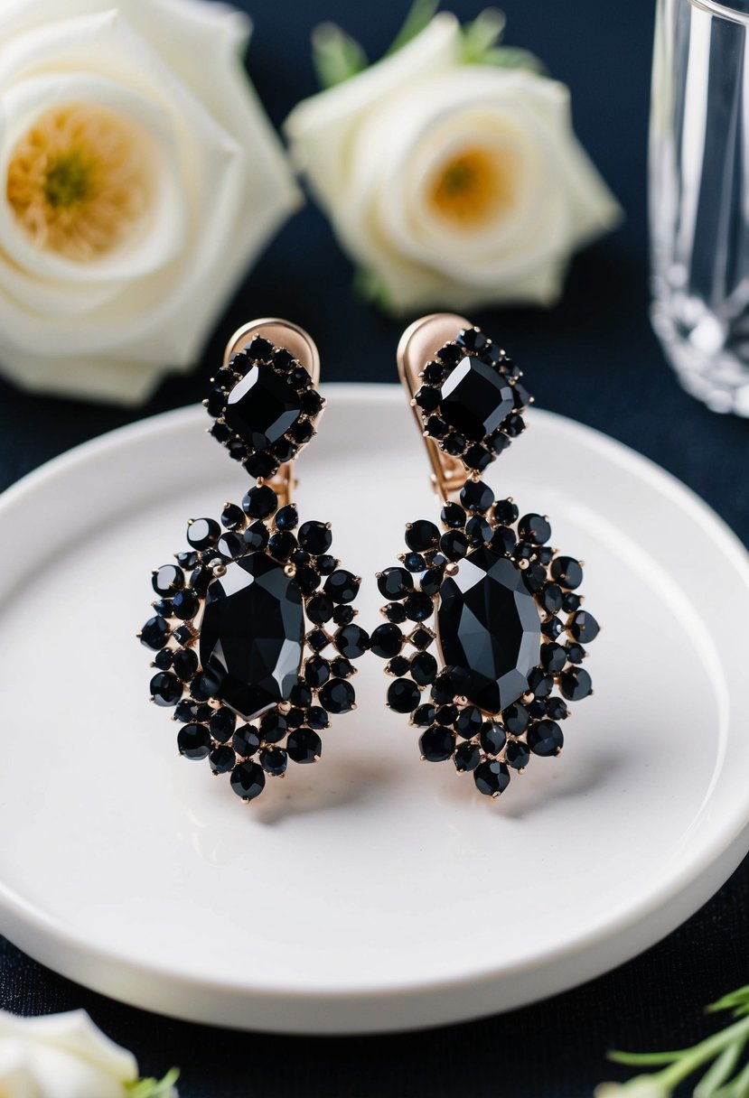 A pair of elegant black Swarovski crystal earrings, featuring intricate clip-on designs, perfect for a black bride's wedding ensemble