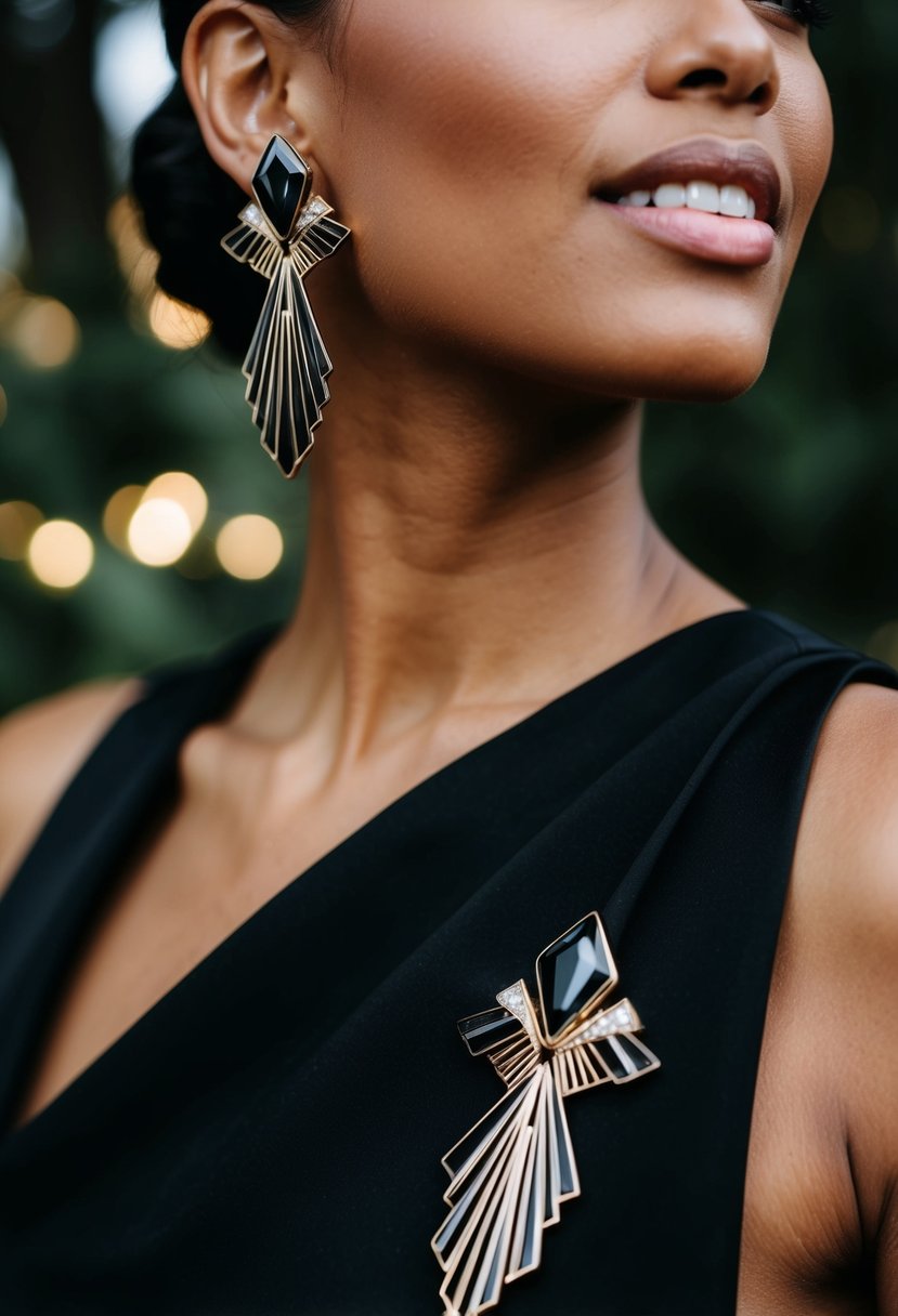 A sleek black gem earring with Art Deco design, perfect for a black bride's wedding ensemble