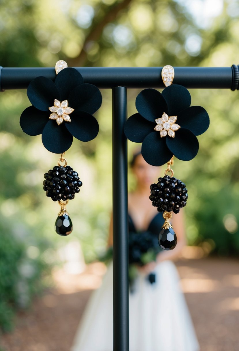 A pair of elegant black and gold floral danglers, perfect for a black bride's wedding ensemble