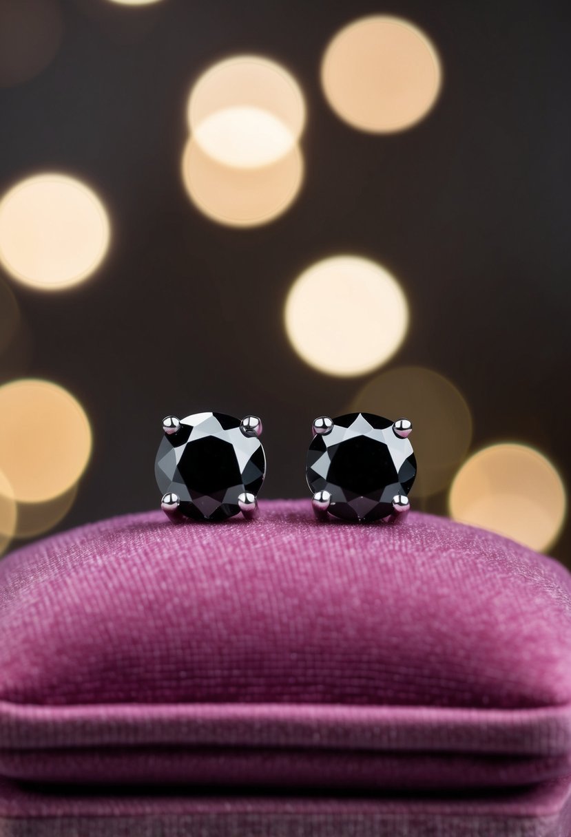 A pair of black diamond studs glimmering on a velvet cushion