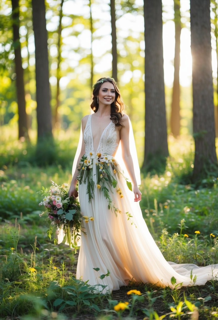 A bride standing in a forest clearing, wearing a flowing bohemian gown adorned with wildflowers and leaves. The sun filters through the trees, casting a warm glow on the scene