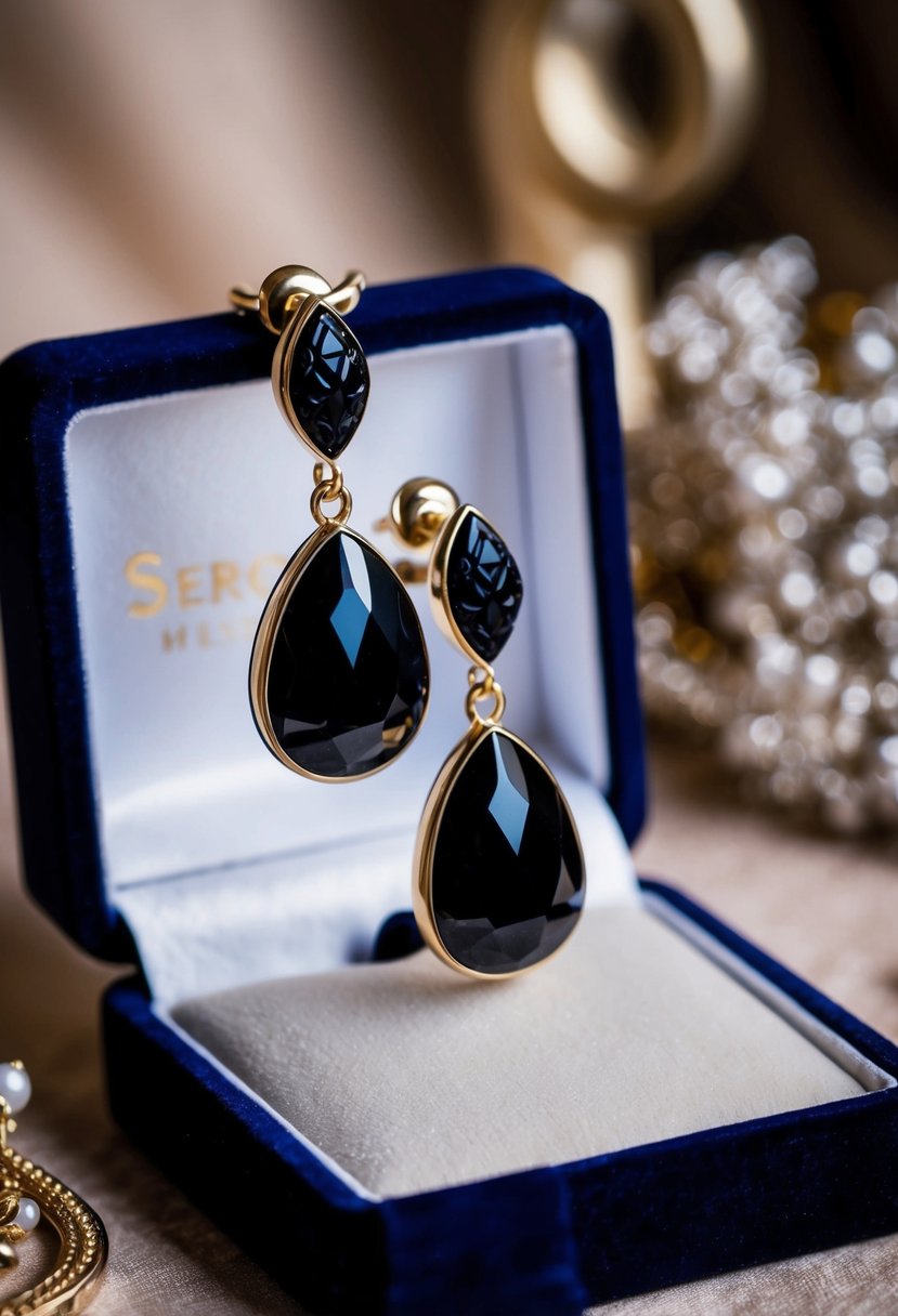 A gothic black onyx earring dangles from a velvet-lined jewelry box, casting a mysterious and elegant aura