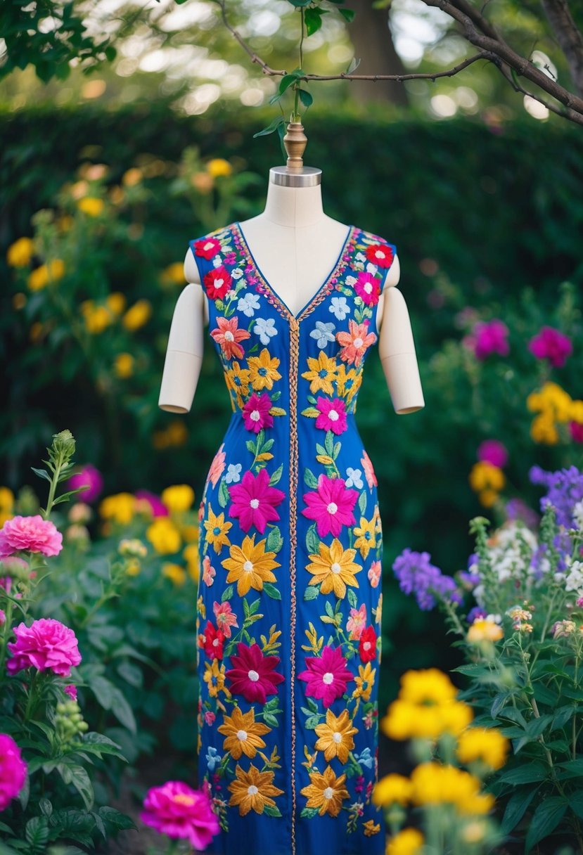 A vibrant floral embroidery dress hangs on a mannequin, surrounded by colorful blooms and greenery