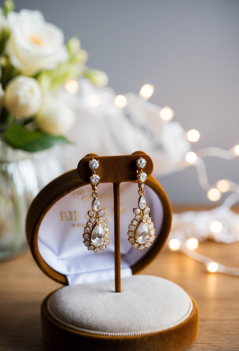 A pair of vintage gold wedding earrings displayed on a velvet cushion with soft lighting and delicate lace in the background