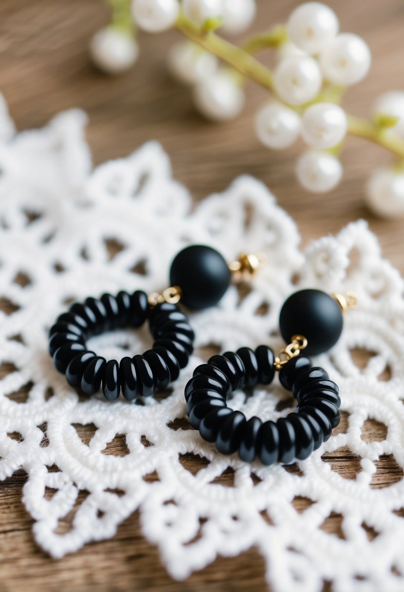 A close-up of bohemian black bead earrings on a white lace background