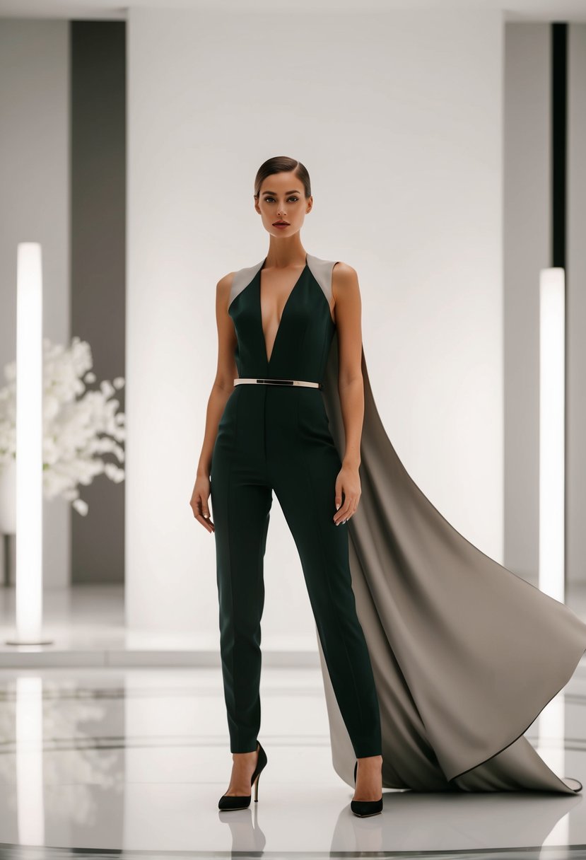 A figure stands in a sleek jumpsuit with a flowing cape, surrounded by a modern, minimalist wedding setting