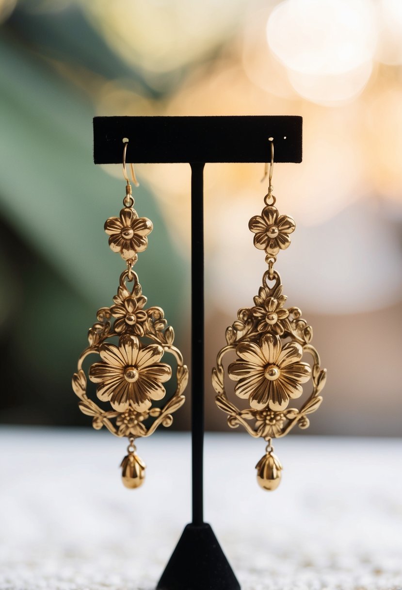 A vintage-inspired gold floral drop earrings hanging from an ornate jewelry stand