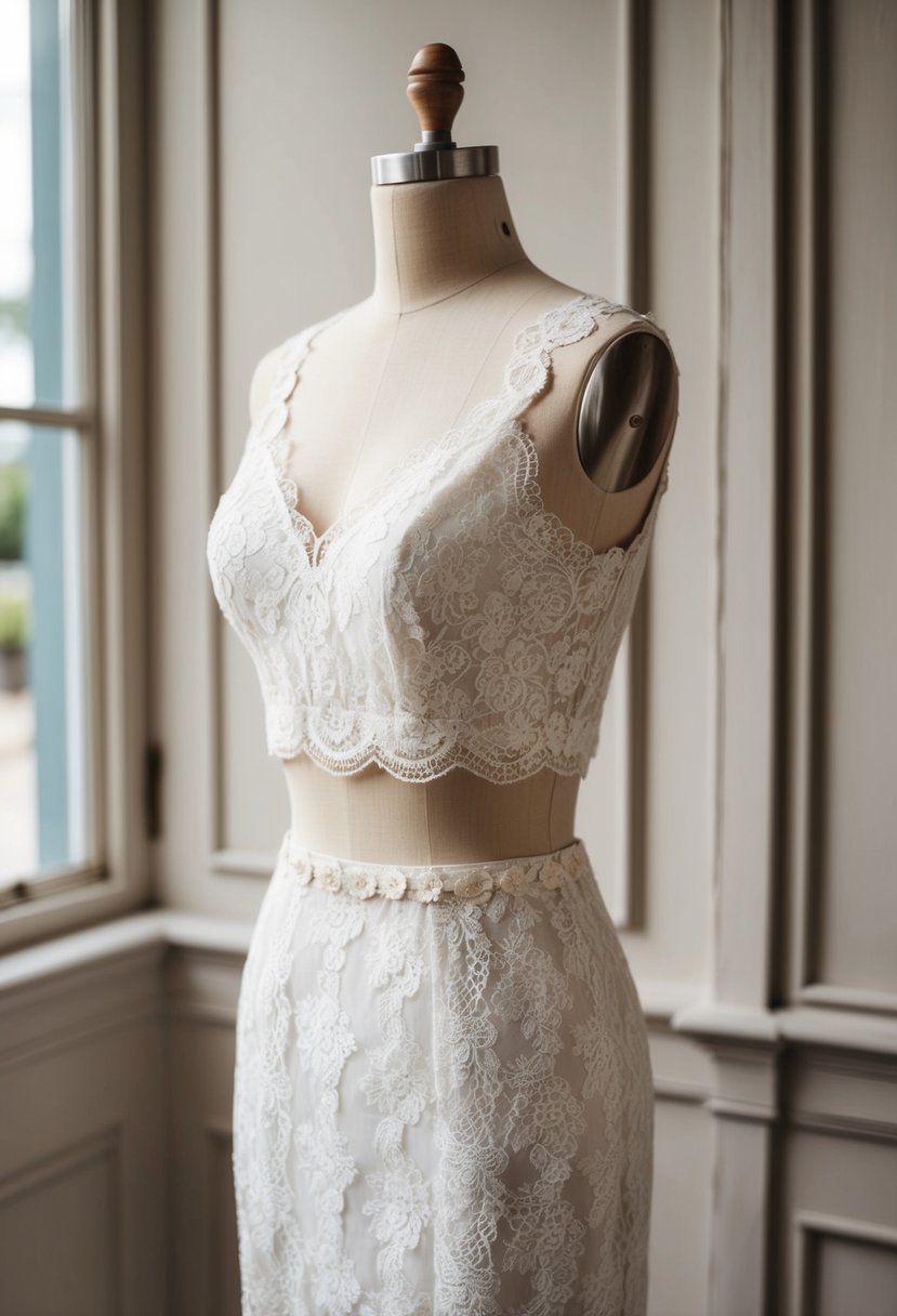 A lace two-piece wedding dress set displayed on a vintage wooden mannequin