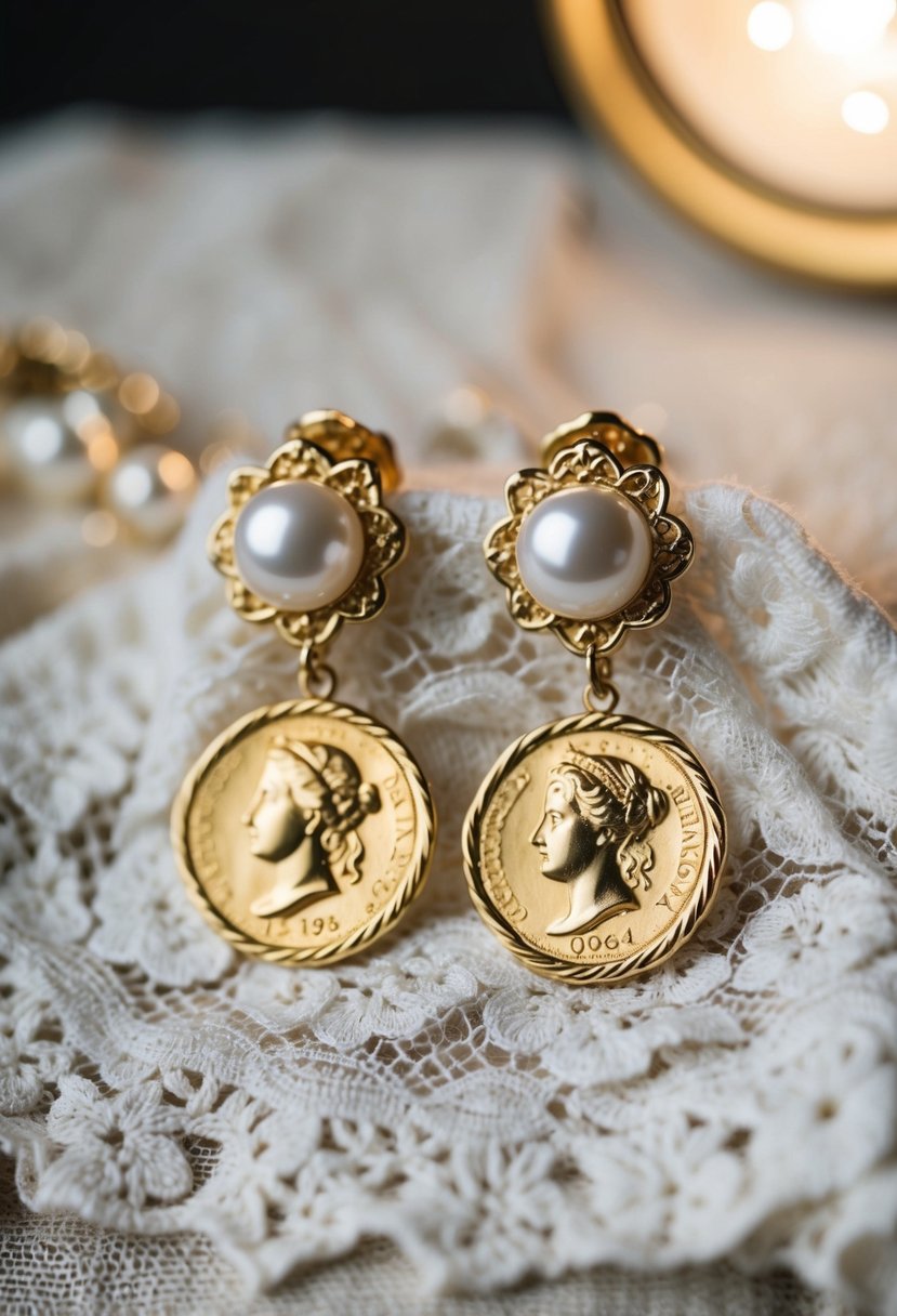 A pair of baroque pearl gold coin earrings displayed on a vintage lace fabric with soft lighting