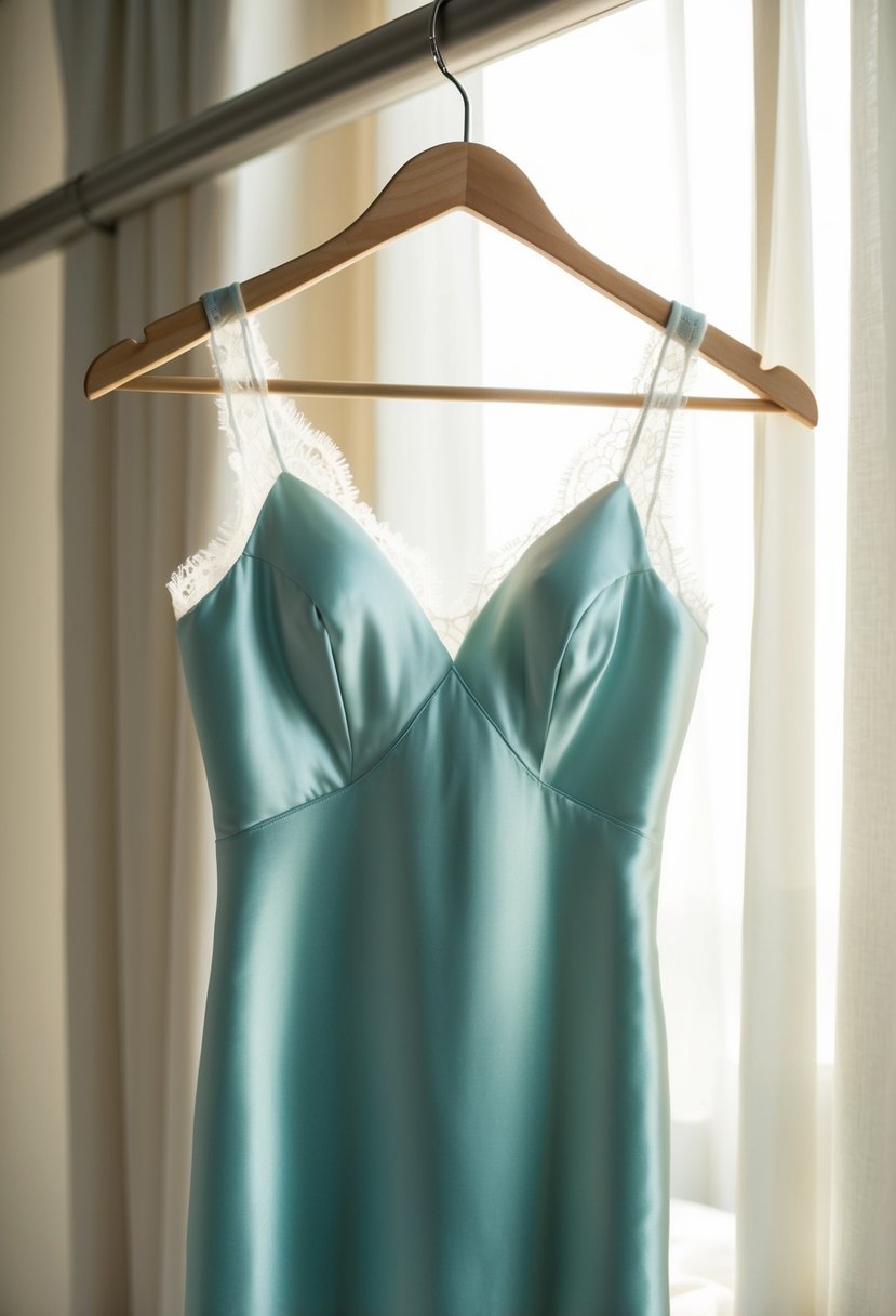 A satin slip dress drapes over a hanger, illuminated by soft natural light, with delicate lace detailing and a subtle shimmer