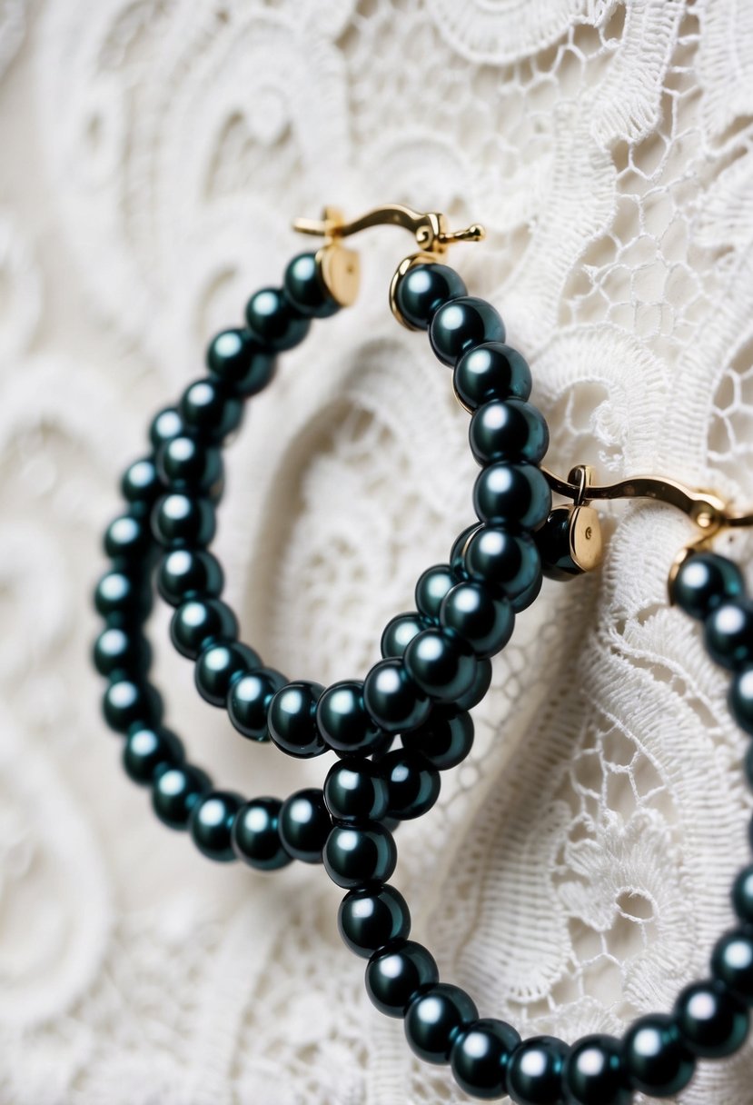 A close-up of elegant black pearl hoops against a white lace background, evoking sophistication and bridal elegance