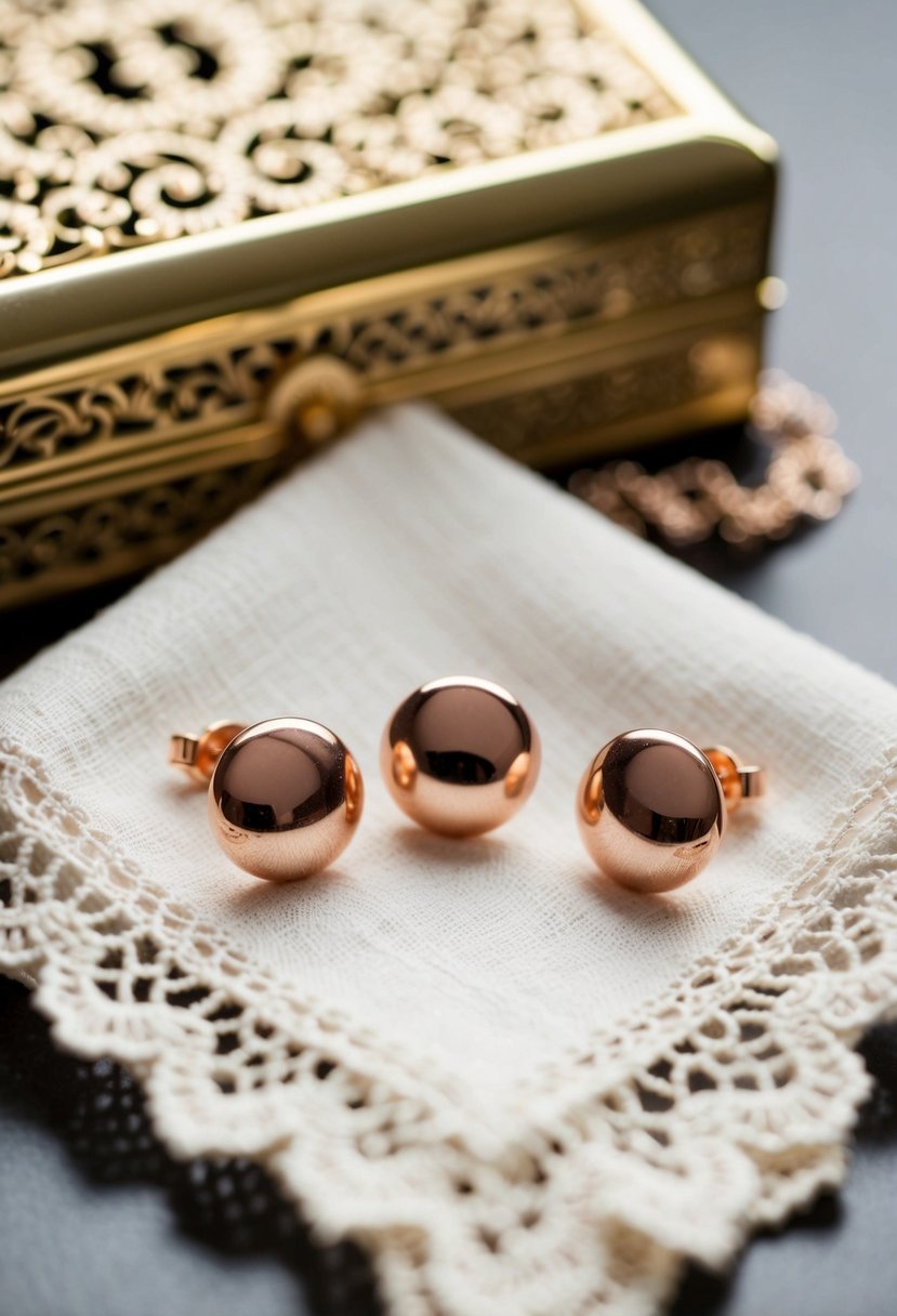 Rose gold studs displayed on a vintage lace handkerchief with a delicate gold filigree jewelry box in the background