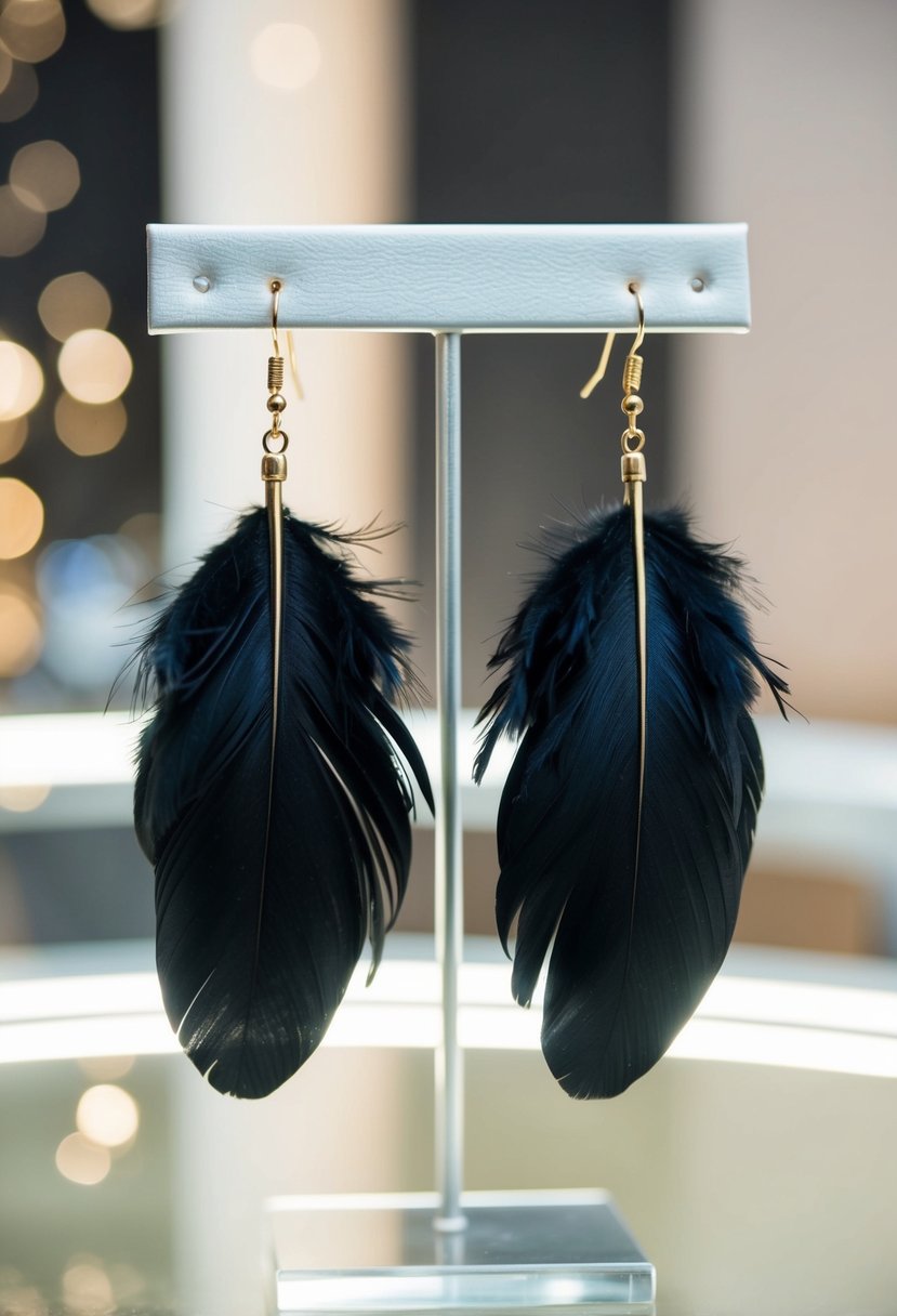 A pair of luxurious black feather earrings dangle from a sleek display, catching the light and exuding elegance