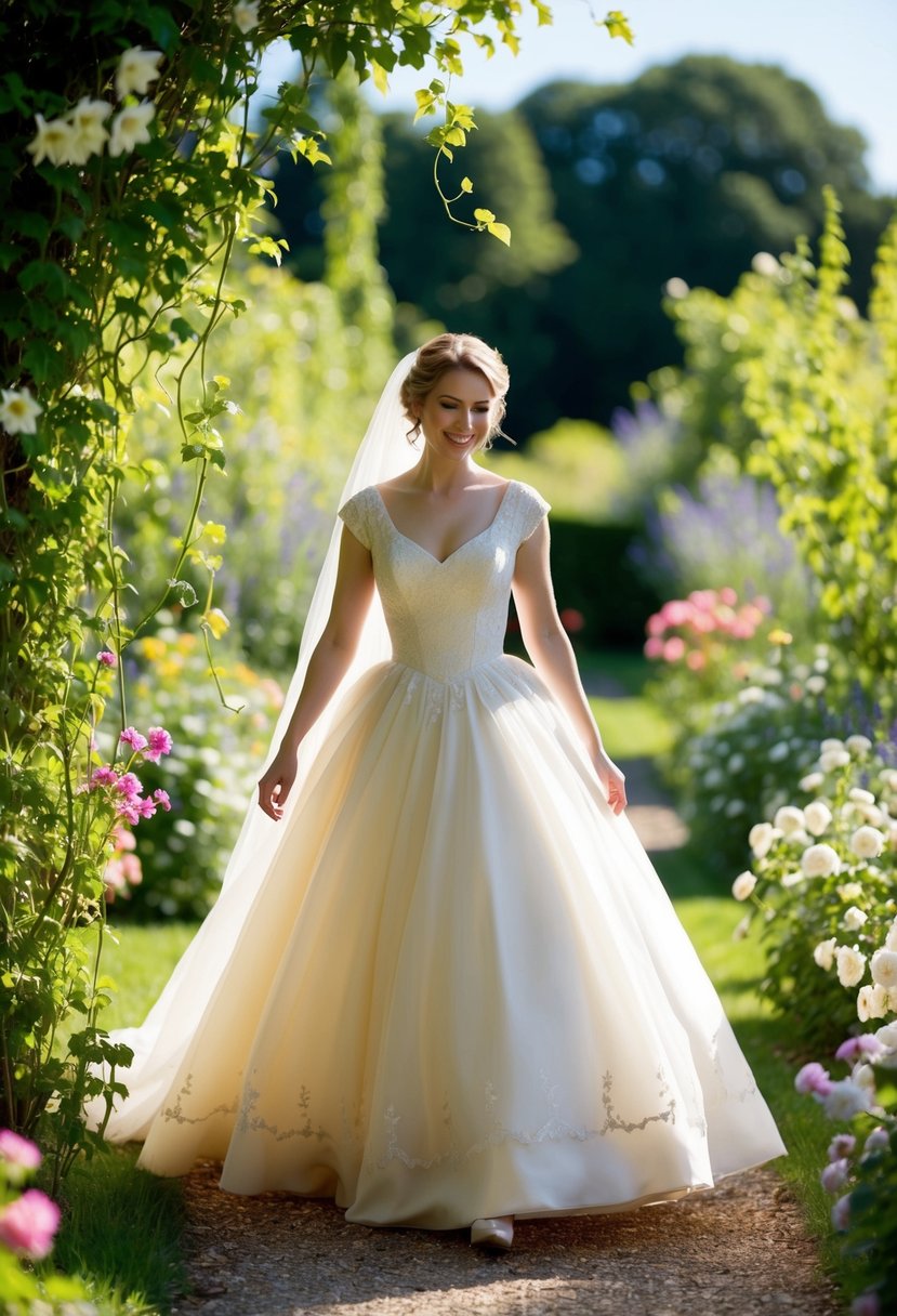 A bride in a vintage tea-length gown walks through a sun-dappled garden, surrounded by blooming flowers and trailing vines