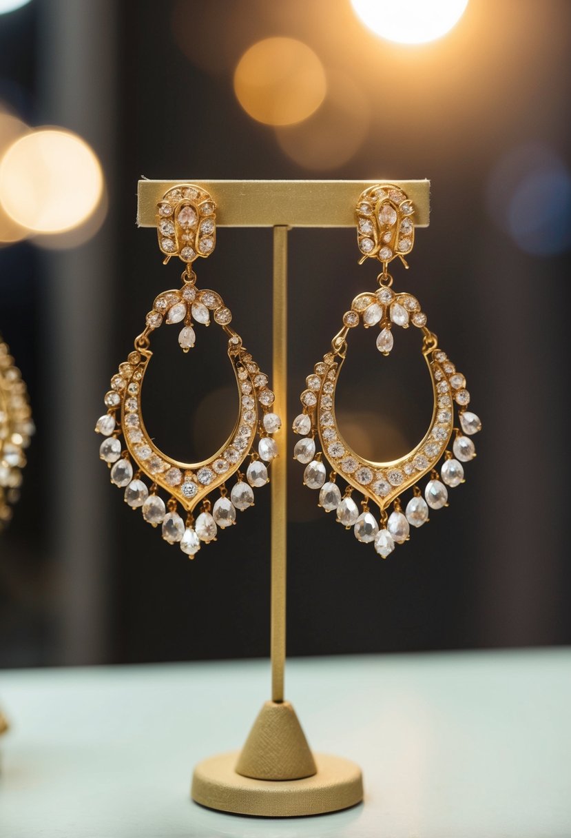 A pair of vintage gold chandelier earrings hang delicately from a display stand, catching the light and casting a warm, timeless glow