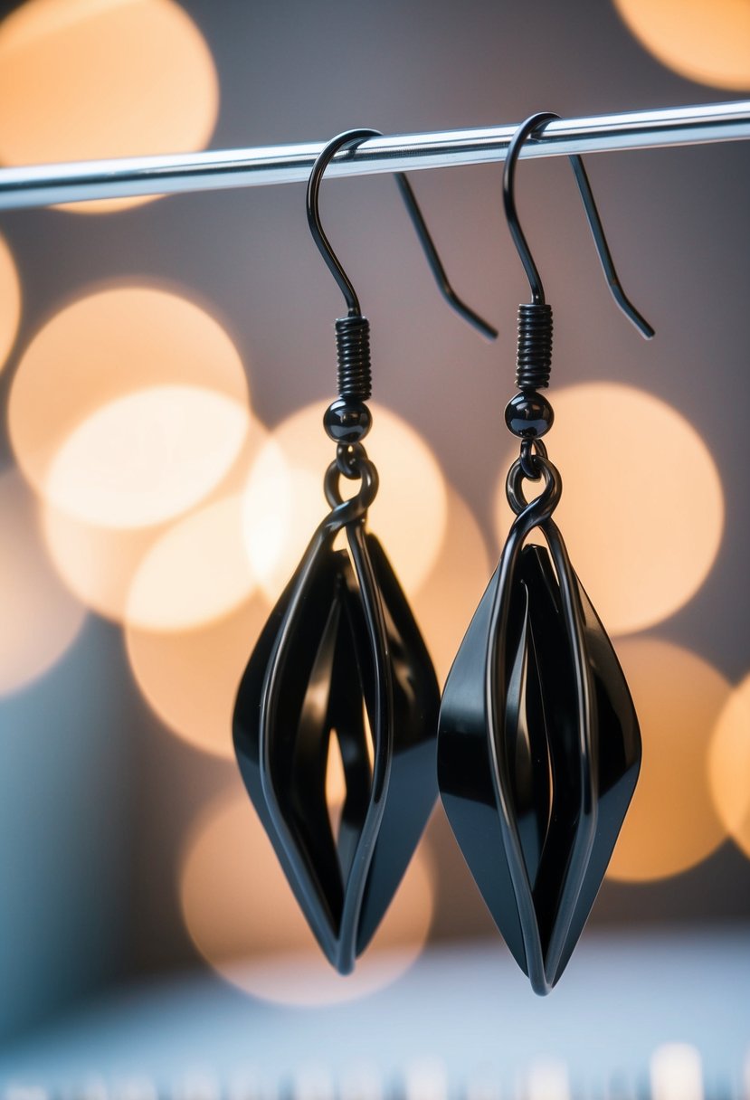 A contemporary black wire drop earring suspended in mid-air