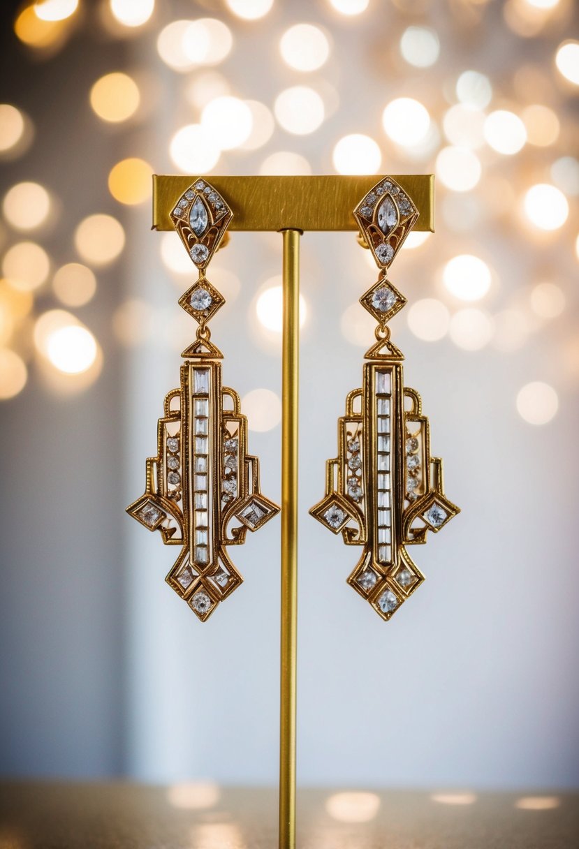 A pair of vintage gold wedding earrings with intricate Gatsby-inspired Art Deco dangles hang delicately from a display stand, catching the light and casting a glamorous sparkle